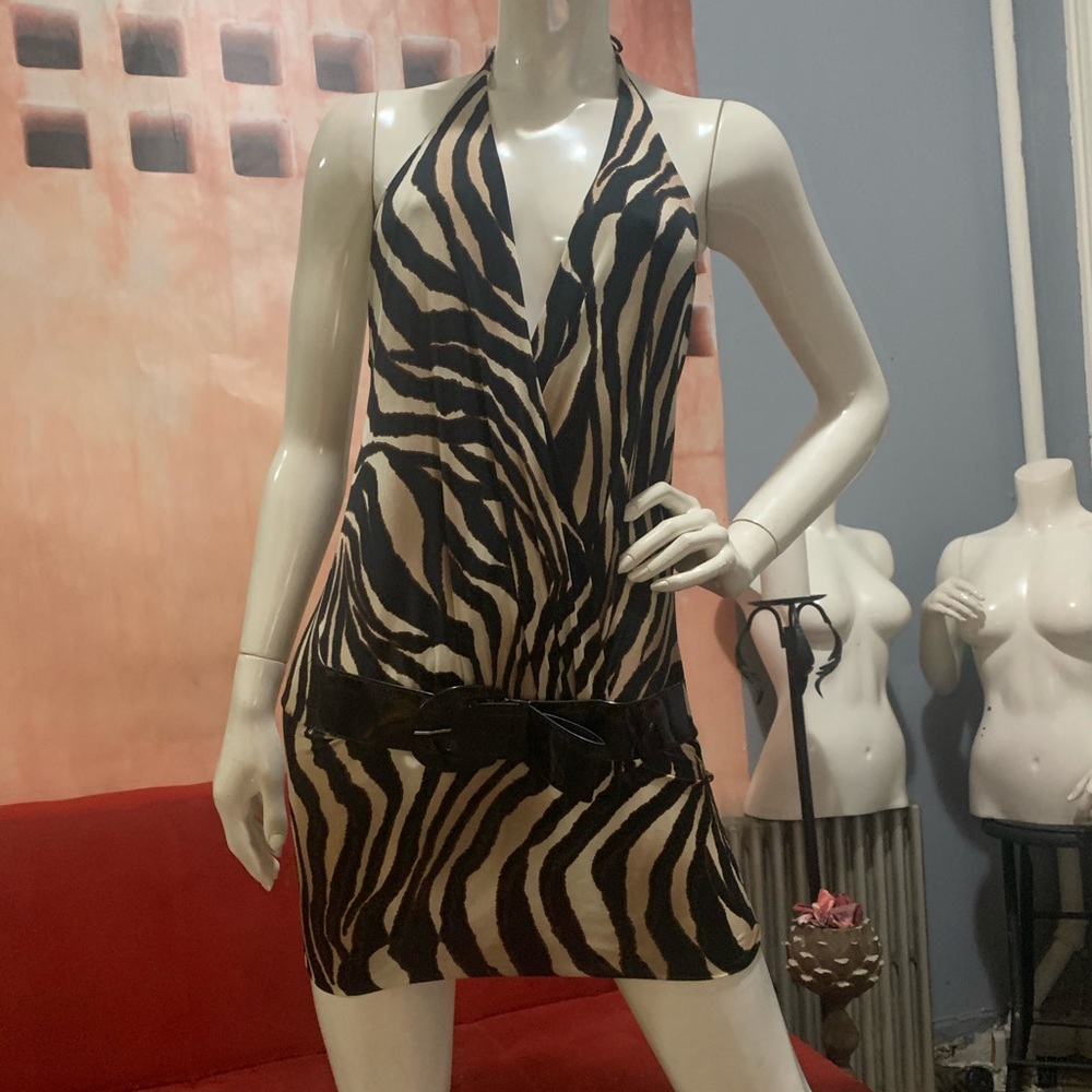 Tiger print halter deep v mini dress